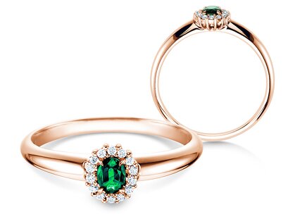 Anillo de compromiso Jolie en 18K oro rosa con esmeralda 0,25ct y diamantes 0,06ct