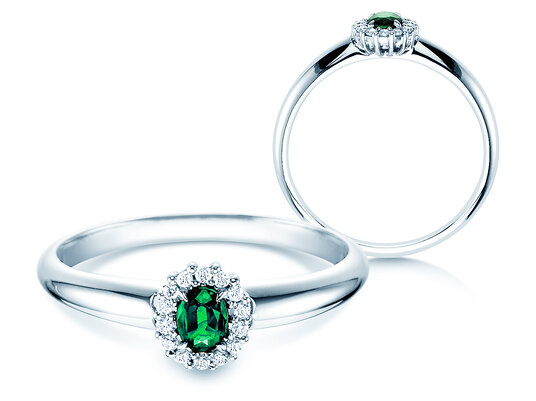 Anillo de compromiso Jolie en 9K oro blanco con esmeralda 0,25ct y diamantes 0,06ct