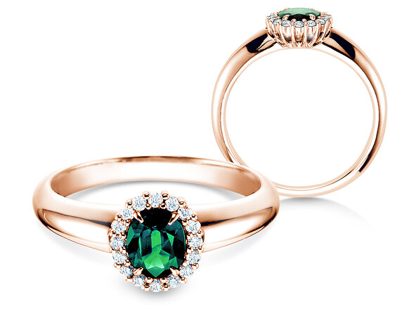 Anillo de compromiso Windsor en 18K oro rosa con esmeralda 0,60ct y diamantes 0,12ct