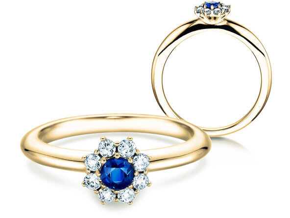 Anillo de compromiso Lovely en 14K oro amarillo con zafiro 0,10ct y diamantes 0,15ct