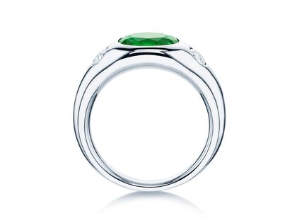 Anillo de compromiso Three-Stone Signet en 9K oro blanco con esmeralda 1,35ct y diamantes naturales 0,30ct