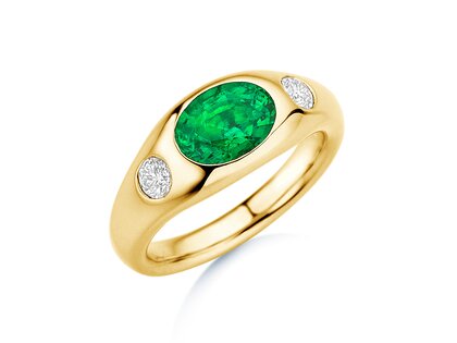 Anillo de compromiso Three-Stone Signet en 14K oro amarillo con esmeralda 1,35ct y diamantes naturales 0,30ct