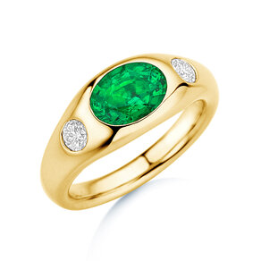 Anillo de compromiso Three-Stone Signet en 14K oro amarillo con esmeralda 1,35ct y diamantes naturales 0,30ct