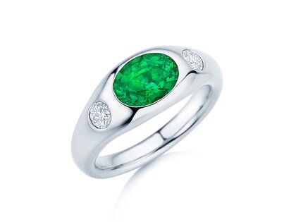 Anillo de compromiso Three-Stone Signet en 9K oro blanco con esmeralda 1,35ct y diamantes naturales 0,30ct
