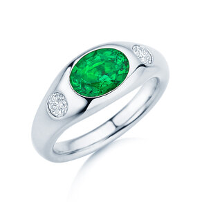 Anillo de compromiso Three-Stone Signet en 9K oro blanco con esmeralda 1,35ct y diamantes naturales 0,30ct