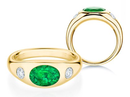 Anillo de compromiso Three-Stone Signet en 14K oro amarillo con esmeralda 1,35ct y diamantes naturales 0,30ct