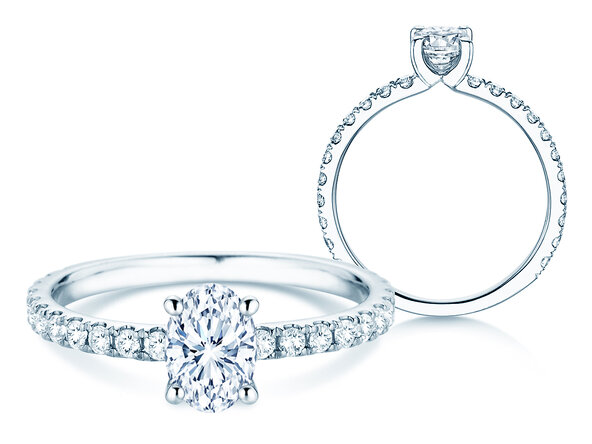 Anillo de compromiso Classic 4 Oval Pavé en 9K oro blanco con diamantes naturales 0,87ct