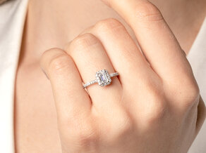 Anillo de compromiso Emerald Halo Pavé en 14K oro blanco con diamantes 0,75ct G/VS
