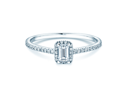 Anillo de compromiso Emerald Halo Pavé en 14K oro blanco con diamantes 0,75ct G/VS