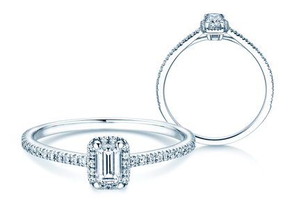 Anillo de compromiso Emerald Halo Pavé en 14K oro blanco con diamantes 0,75ct G/VS