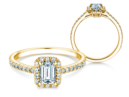 Anillo de compromiso Emerald Halo Pavé en 14K oro amarillo con diamantes 1,47ct G/VS