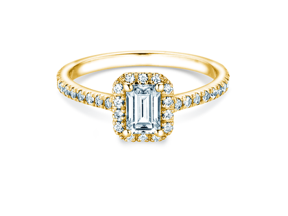 Anillo de compromiso Emerald Halo Pavé en 14K oro amarillo con diamantes 1,47ct G/VS