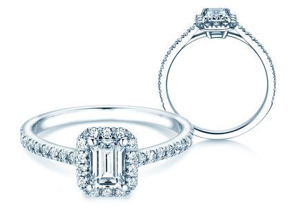 Anillo de compromiso Emerald Halo Pavé en 14K oro blanco con diamantes 1,08ct G/VS