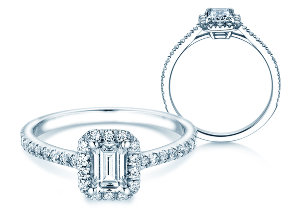Anillo de compromiso Emerald Halo Pavé en 14K oro blanco con diamantes 1,08ct G/VS