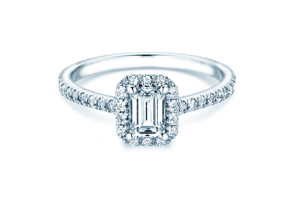 Anillo de compromiso Emerald Halo Pavé en 14K oro blanco con diamantes 1,08ct G/VS