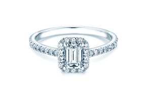 Anillo de compromiso Emerald Halo Pavé en 14K oro blanco con diamantes 1,08ct G/VS