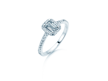Anillo de compromiso Emerald Halo Pavé en 14K oro blanco con diamantes 1,08ct G/VS