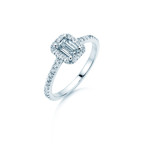 Anillo de compromiso Emerald Halo Pavé en 14K oro blanco con diamantes 1,08ct G/VS