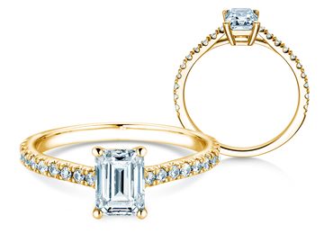 Anillo de compromiso Emerald Pavé en oro amarillo