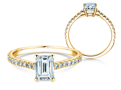 Anillo de compromiso Emerald Pavé en oro amarillo