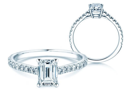 Anillo de compromiso Emerald Pavé en 14K oro blanco con diamantes de laboratorio 1,82ct E/VS