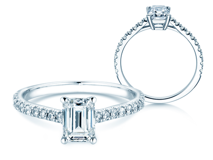 Anillo de compromiso Emerald Pavé en 14K oro blanco con diamantes 1,30ct G/VS