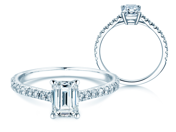 Anillo de compromiso Emerald Pavé en 14K oro blanco con diamantes 1,30ct G/VS