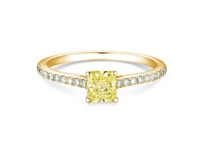 Anillo de compromiso Fancy Yellow Cushion Pavé en 14K oro amarillo con diamantes 0,77ct G/SI