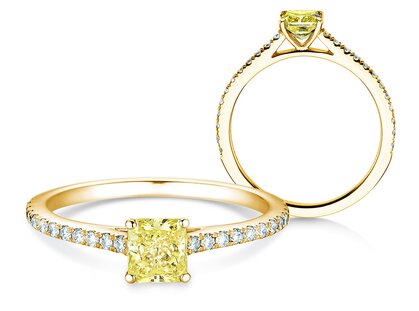 Anillo de compromiso Fancy Yellow Cushion Pavé en 9K oro amarillo con diamantes 0,77ct G/SI