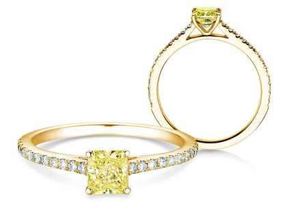 Anillo de compromiso Fancy Yellow Cushion Pavé en 14K oro amarillo con diamantes 0,77ct G/SI