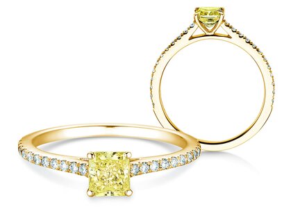 Anillo de compromiso Fancy Yellow Cushion Pavé en 14K oro amarillo con diamantes 0,77ct G/SI