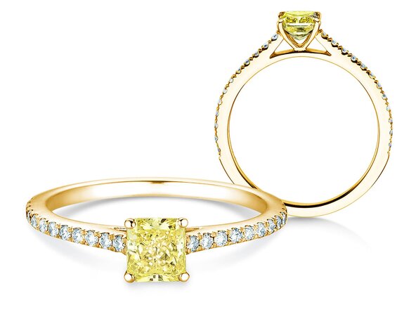 Anillo de compromiso Fancy Yellow Cushion Pavé en 14K oro amarillo con diamantes 0,77ct G/SI