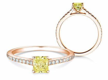 Anillo de compromiso Fancy Yellow Cushion Pavé en 14K oro rosa con diamantes 0,77ct G/SI
