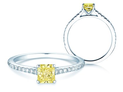 Anillo de compromiso Fancy Yellow Cushion Pavé en 14K oro blanco con diamantes 0,77ct G/SI