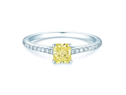 Anillo de compromiso Fancy Yellow Cushion Pavé en 14K oro blanco con diamantes 0,77ct G/SI