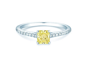 Anillo de compromiso Fancy Yellow Cushion Pavé en 14K oro blanco con diamantes 0,77ct G/SI