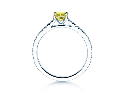 Anillo de compromiso Fancy Yellow Cushion Pavé en 14K oro blanco con diamantes 0,77ct G/SI