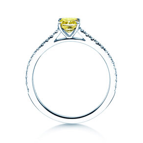 Anillo de compromiso Fancy Yellow Cushion Pavé en 14K oro blanco con diamantes 0,77ct G/SI