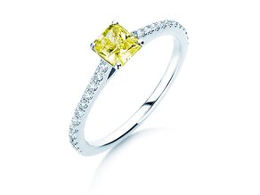 Anillo de compromiso Fancy Yellow Cushion Pavé en 14K oro blanco con diamantes 0,77ct G/SI