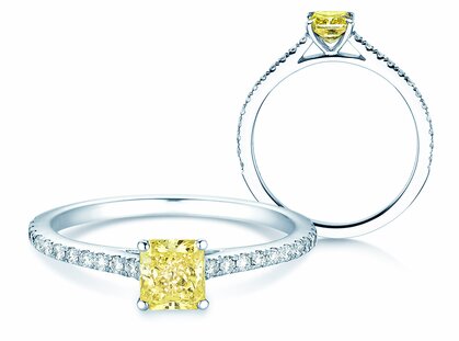 Anillo de compromiso Fancy Yellow Cushion Pavé en platino 950/- con diamantes 0,77ct G/SI