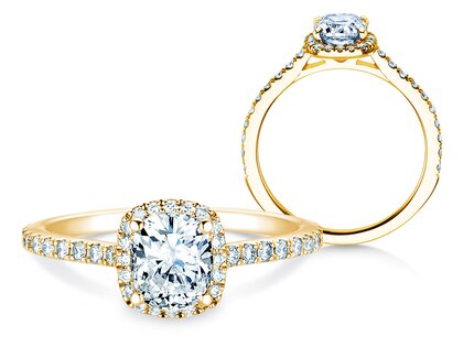 Anillo de compromiso Halo Cushion Pavé en 9K oro amarillo con diamantes 1,30ct G/SI
