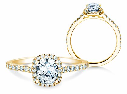 Anillo de compromiso Halo Cushion Pavé en oro amarillo