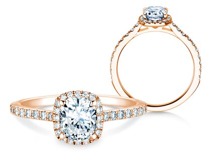 Anillo de compromiso Halo Cushion Pavé en 14K oro rosa con diamantes 0,50ct G/SI