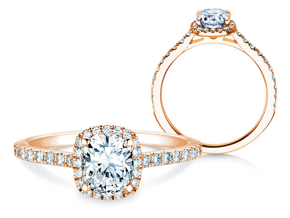 Anillo de compromiso Halo Cushion Pavé en 14K oro rosa con diamantes 0,50ct G/SI