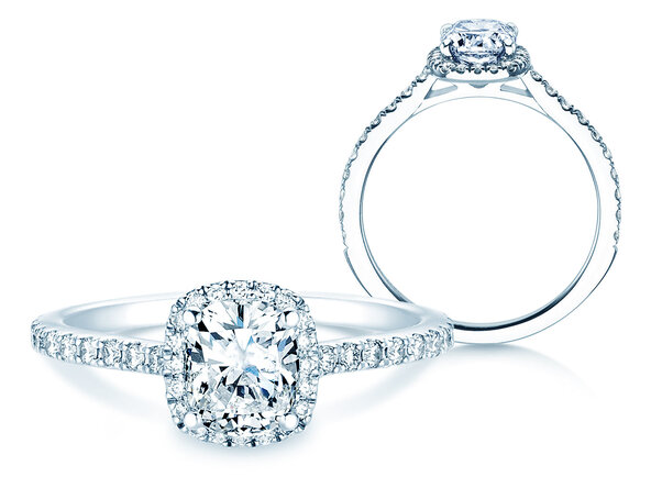Anillo de compromiso Halo Cushion Pavé en 14K oro blanco con diamantes 1,30ct G/SI