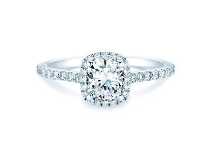 Anillo de compromiso Halo Cushion Pavé en 14K oro blanco con diamantes 1,30ct G/SI