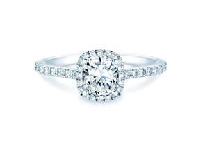 Anillo de compromiso Halo Cushion Pavé en 14K oro blanco con diamantes 1,30ct G/SI