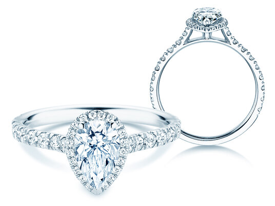 Anillo de compromiso Pear Halo Pavé en 9K oro blanco con diamantes 0,58ct G/SI
