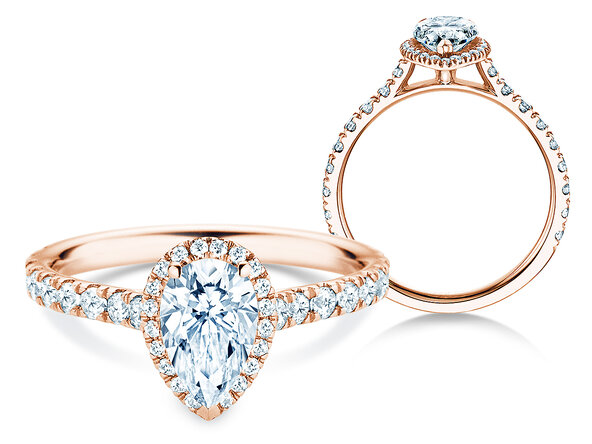 Anillo de compromiso Pear Halo Pavé en 9K oro rosa con diamantes 1,46ct G/SI