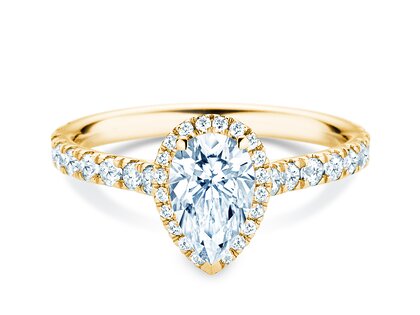 Anillo de compromiso Pear Halo Pavé en 9K oro amarillo con diamantes 0,58ct G/SI
